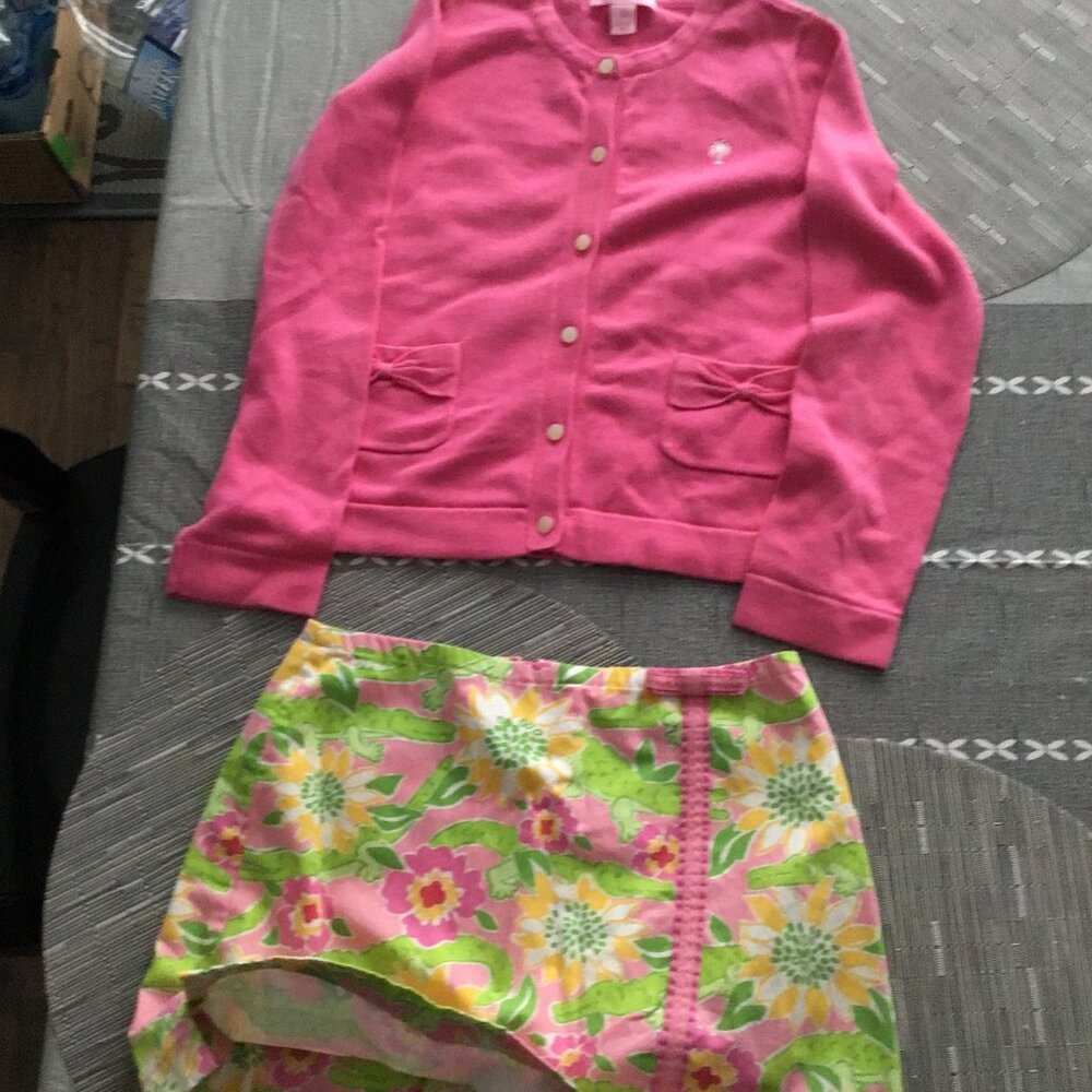 Lilly Pulitzer Girls Pink Cardigan with Floral Skirt